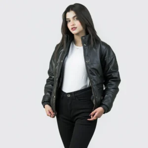 Women's Puffer Stand Collar Black Leather Jacket