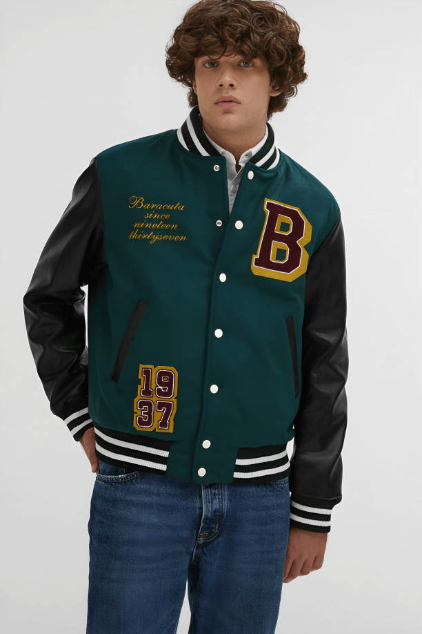 Classic Letterman Varsity Jacket Green & Black - Image 2