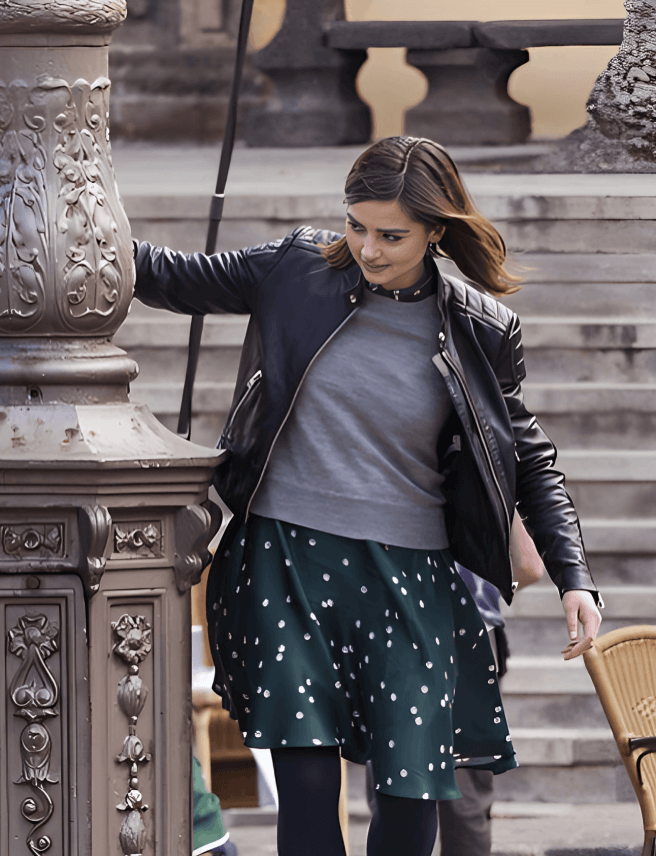 Jenna Coleman Doctor Who Clara Oswald Biker Black Leather Jacket - Image 5
