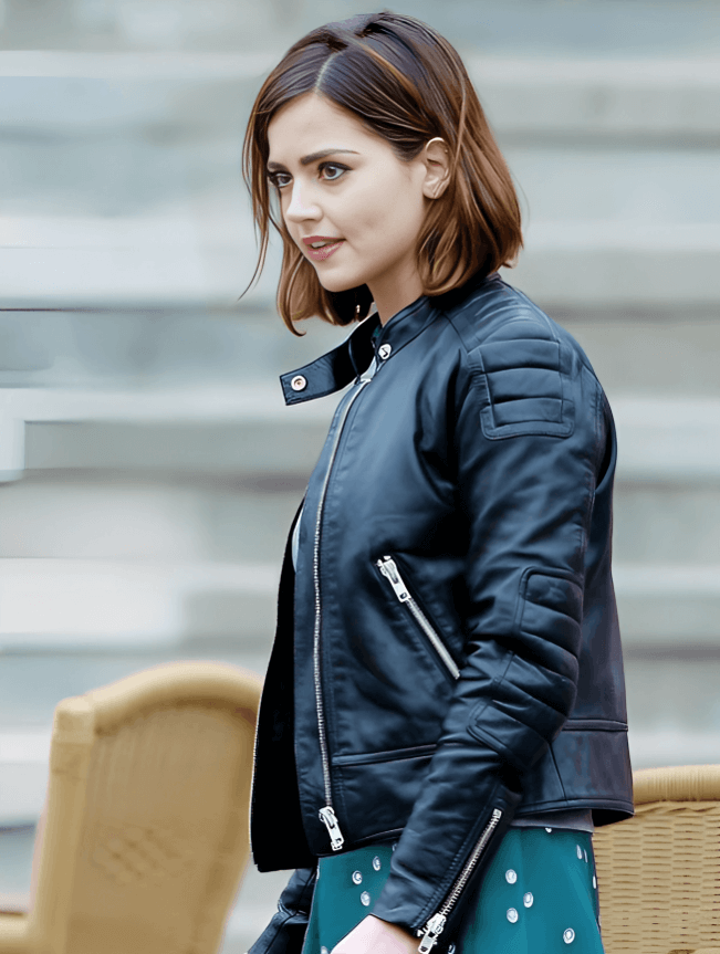 Jenna Coleman Doctor Who Clara Oswald Biker Black Leather Jacket - Image 2