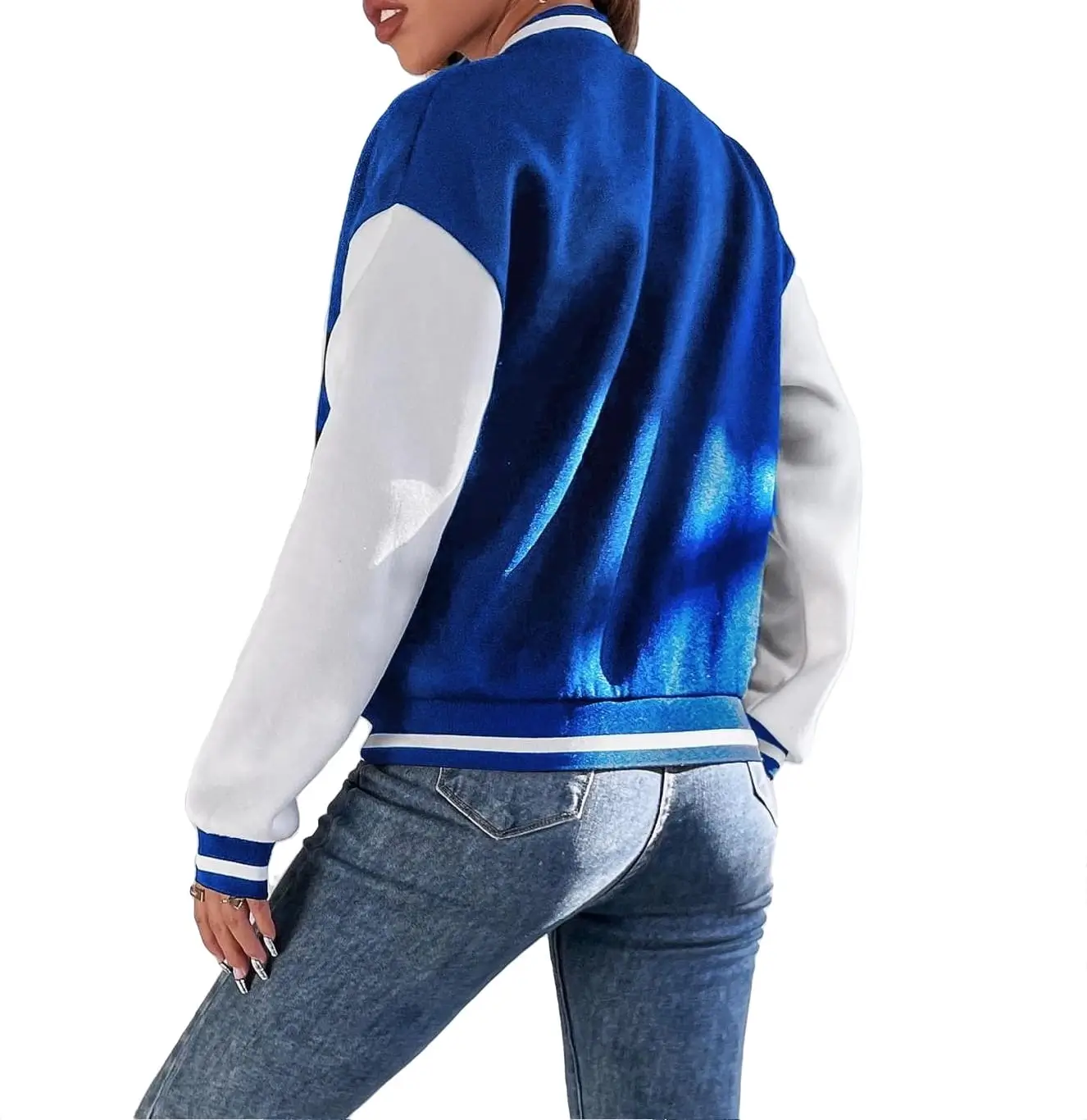 Casual Baseball Letterman Varsity Jacket Blue and White - Image 3