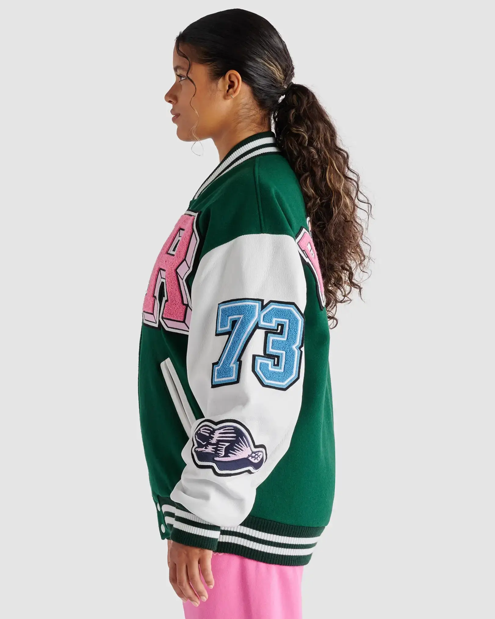 Barbie X Roots Letterman Green/White Wool & Leather Varsity Jacket - Image 4