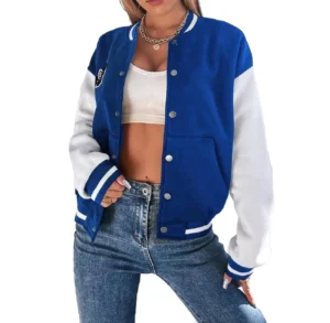 Casual Baseball Letterman Varsity Jacket Blue and White