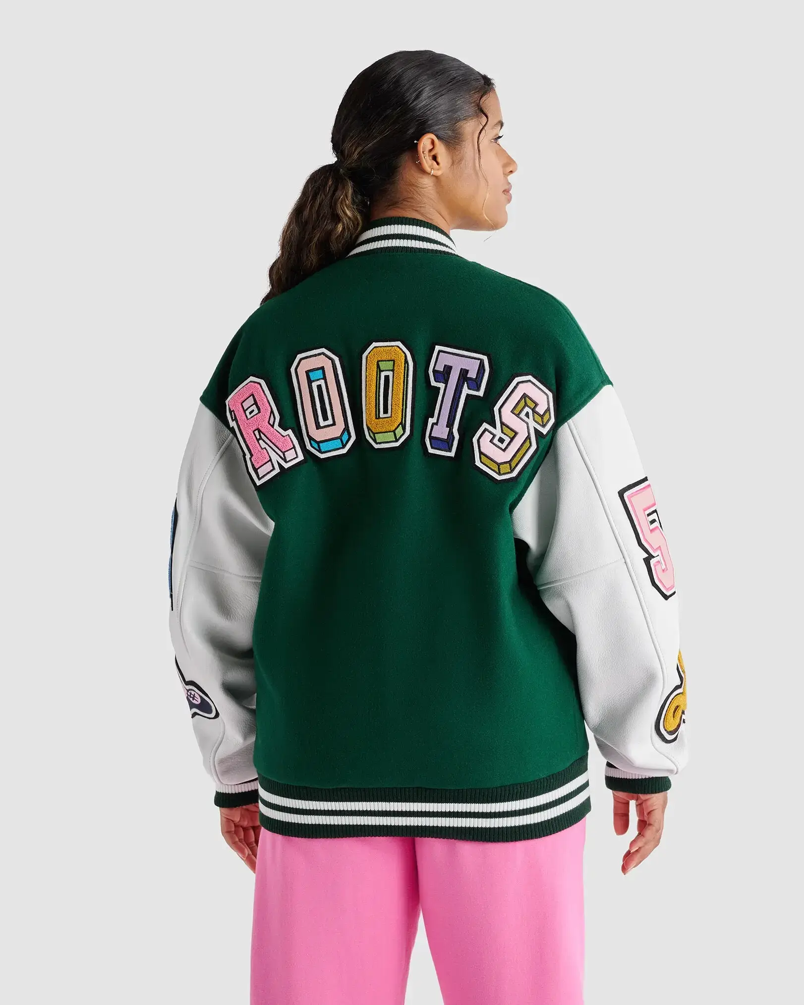 Barbie X Roots Letterman Green/White Wool & Leather Varsity Jacket - Image 2