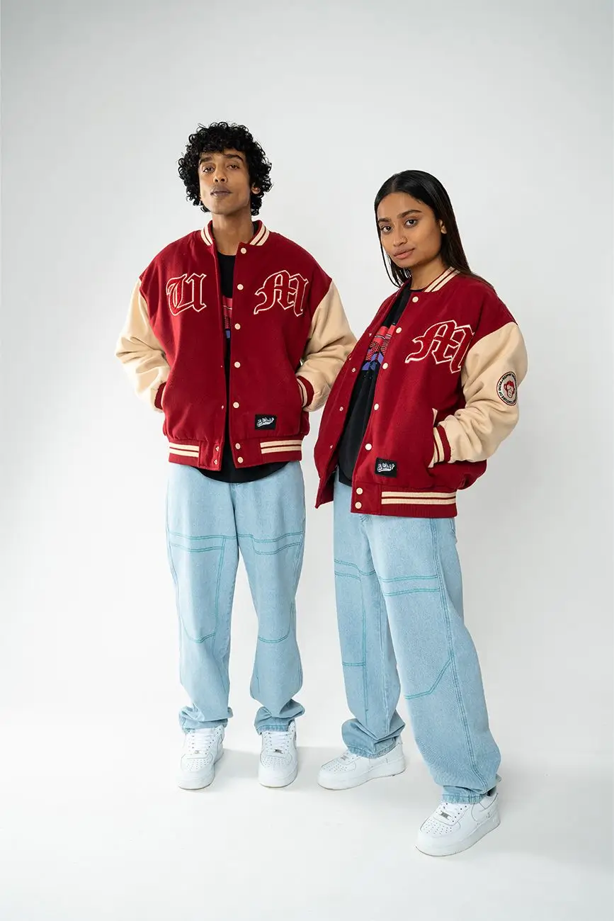 Woolen Varsity Letterman Couple Jacket Red & Desert - Image 3