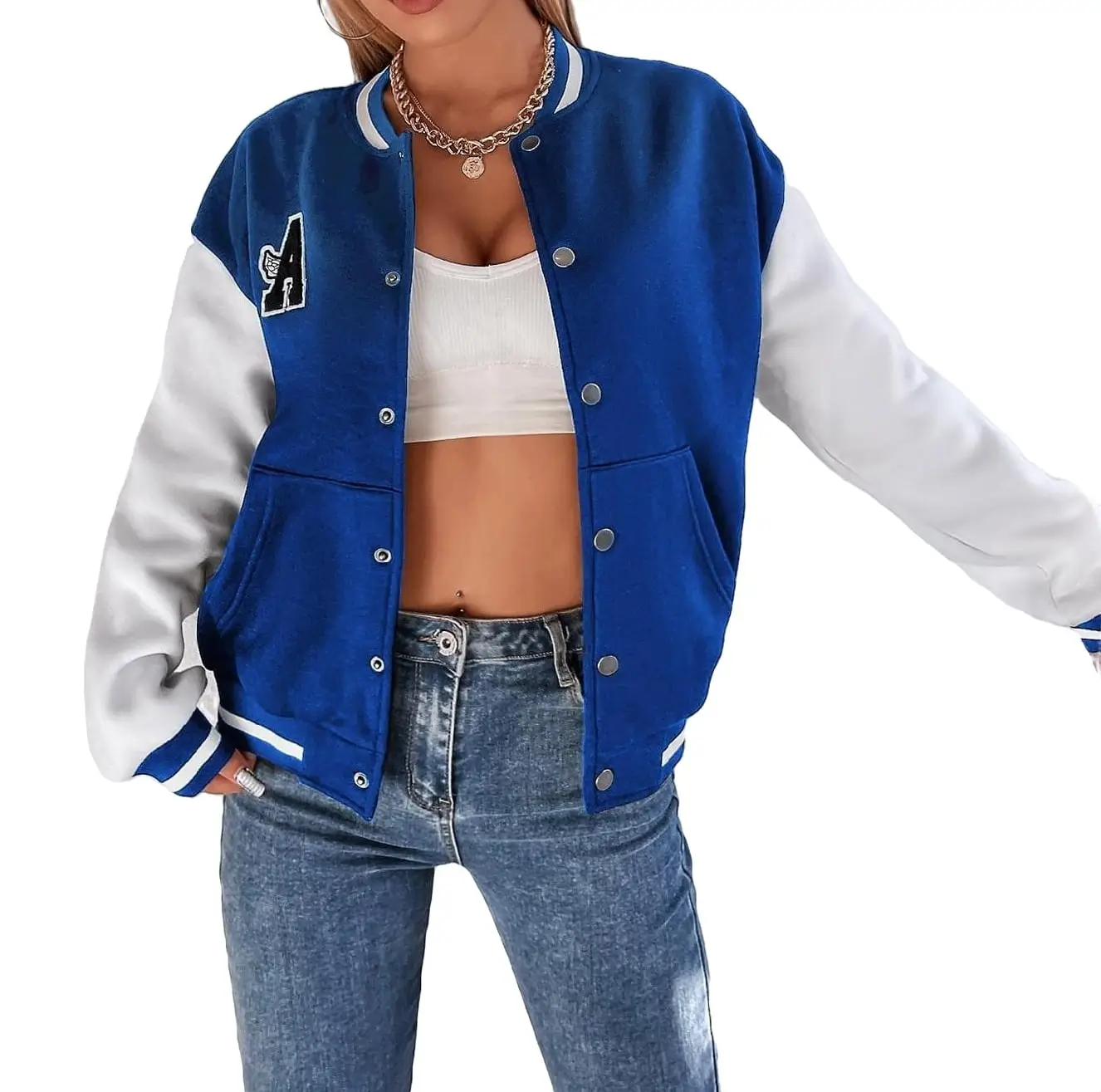 Casual Baseball Letterman Varsity Jacket Blue and White - Image 4