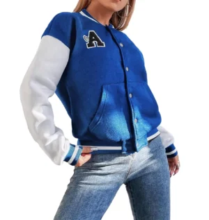 Alternative view of Casual Baseball Letterman Varsity Jacket Blue and White