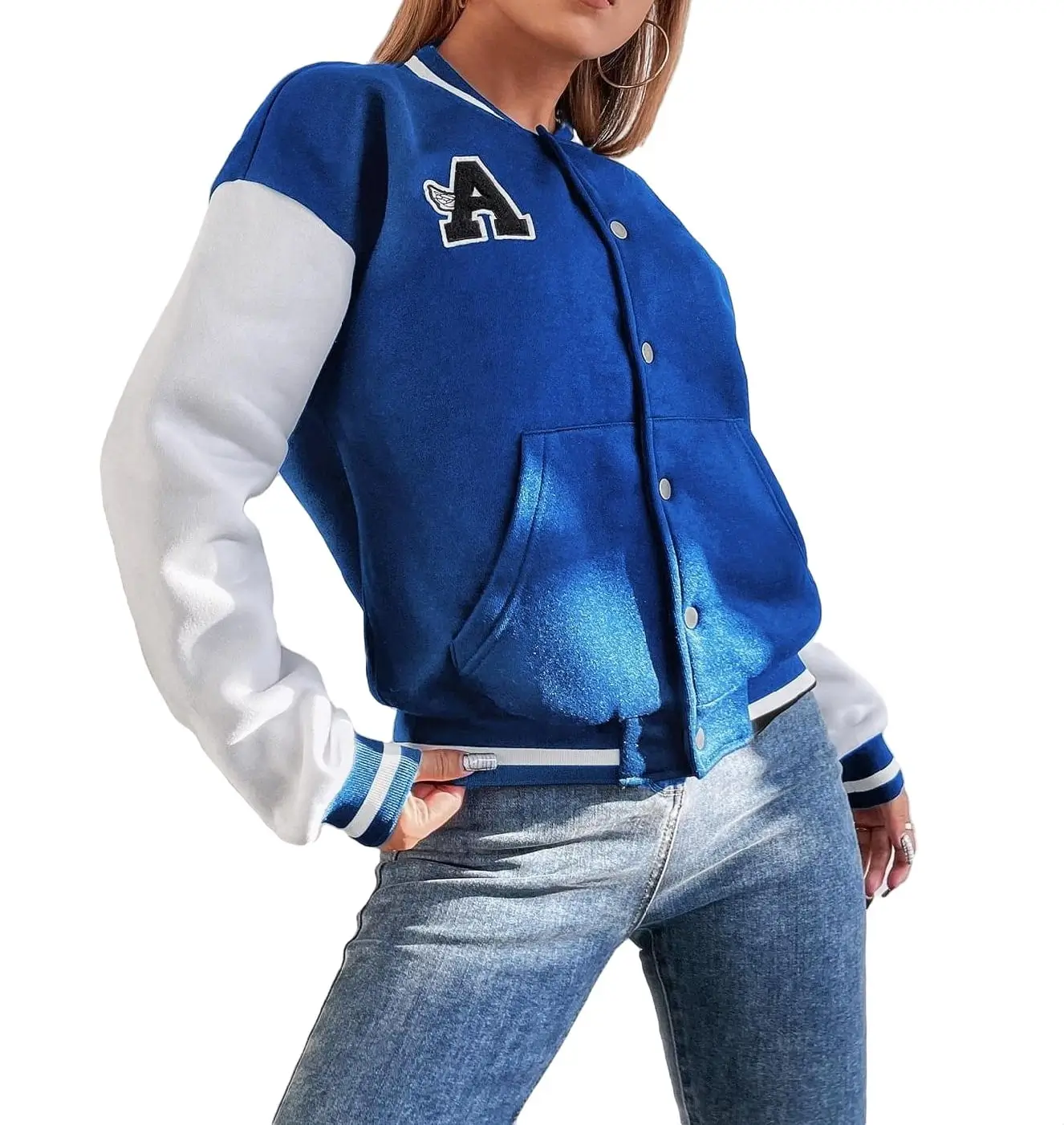 Casual Baseball Letterman Varsity Jacket Blue and White - Image 2
