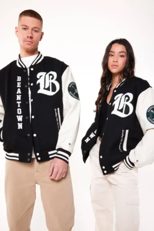 Boston Baseball Letterman Couple Varsity Jacket Black & White