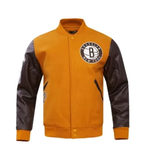 Brooklyn Nets Classic Tan/ Brown Wool & Leather Varsity Jacket