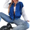 Casual Baseball Letterman Varsity Jacket Blue and White - Image 5