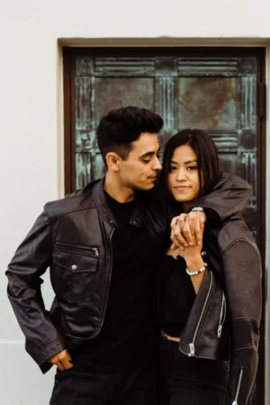 Biker Black Letterman Couple Zipper & Snap/Lapel Collar Leather Jacket