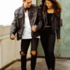 Biker Black Letterman Couple Zipper & Snap/Lapel Collar Leather Jacket - Image 3