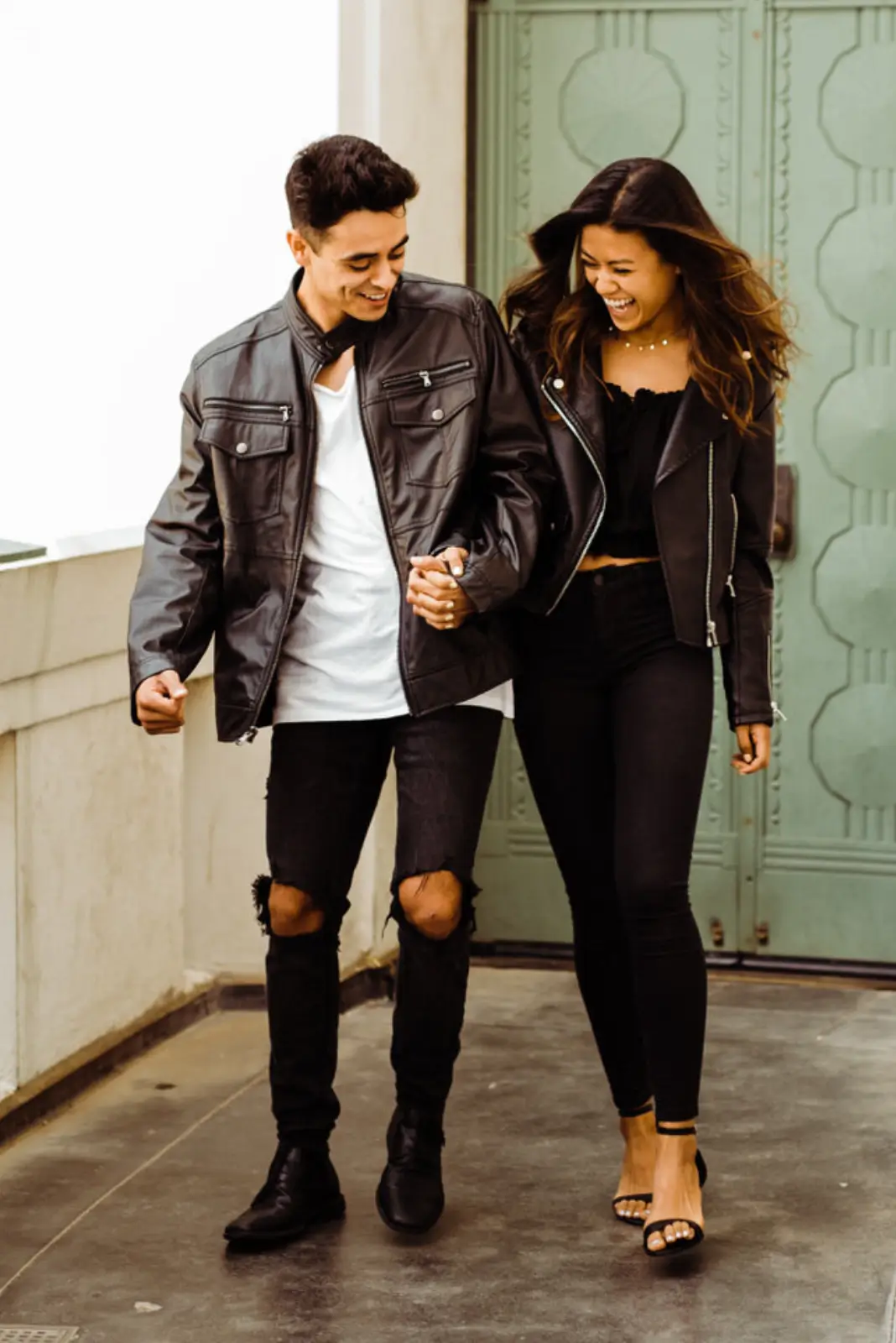 Biker Black Letterman Couple Zipper & Snap/Lapel Collar Leather Jacket - Image 3
