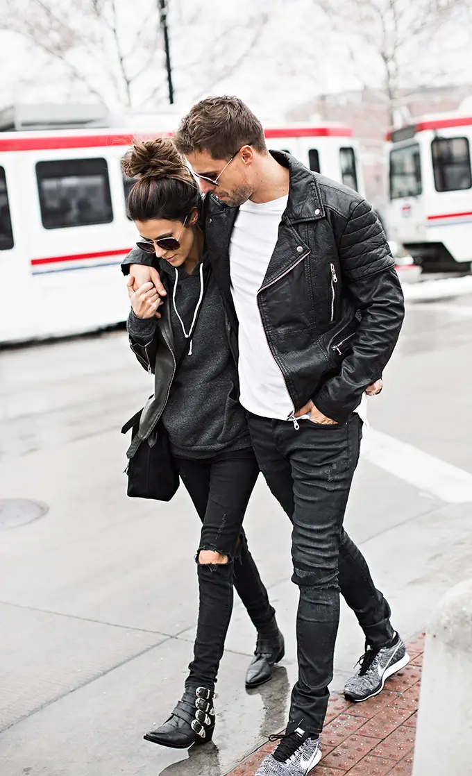 Biker Couple Letterman Black Zipper Double Bleted Leather Jacket - Image 3