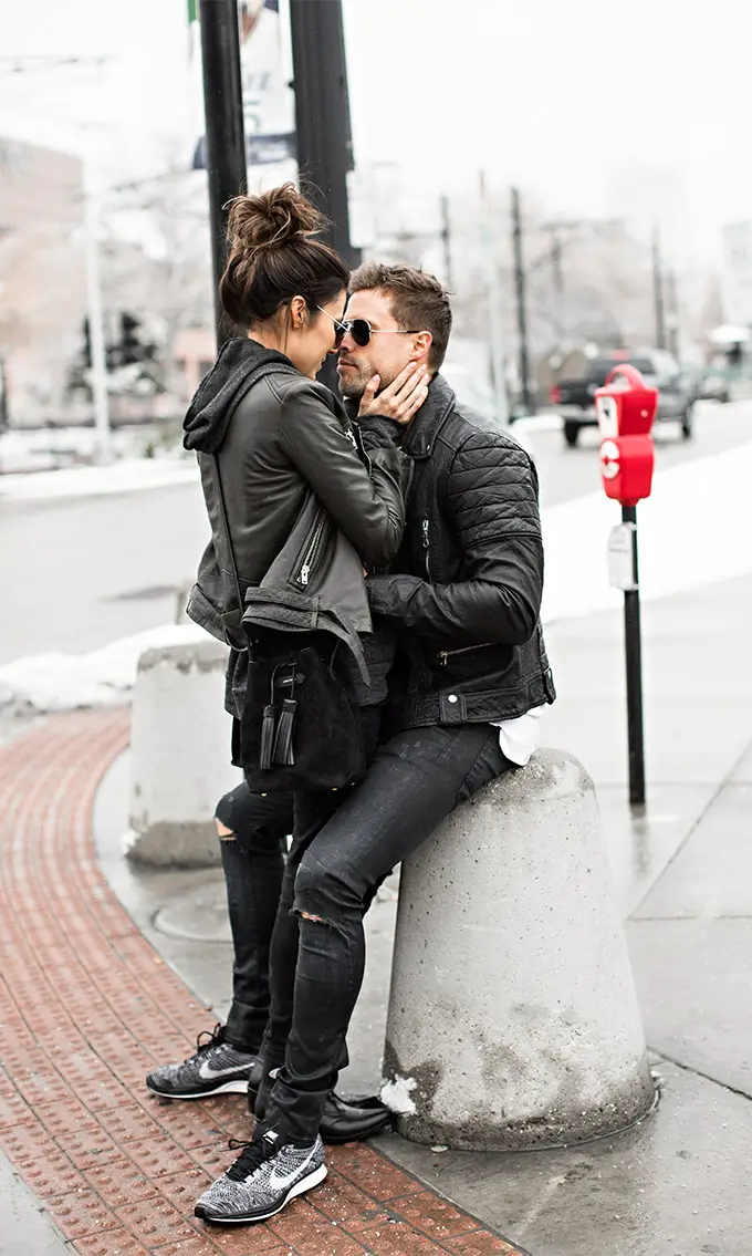 Biker Couple Letterman Black Zipper Double Bleted Leather Jacket - Image 4