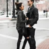 Biker Couple Letterman Black Zipper Double Bleted Leather Jacket - Image 2