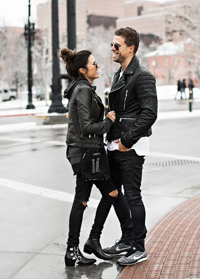 Biker Couple Letterman Black Zipper Double Bleted Leather Jacket - Image 2