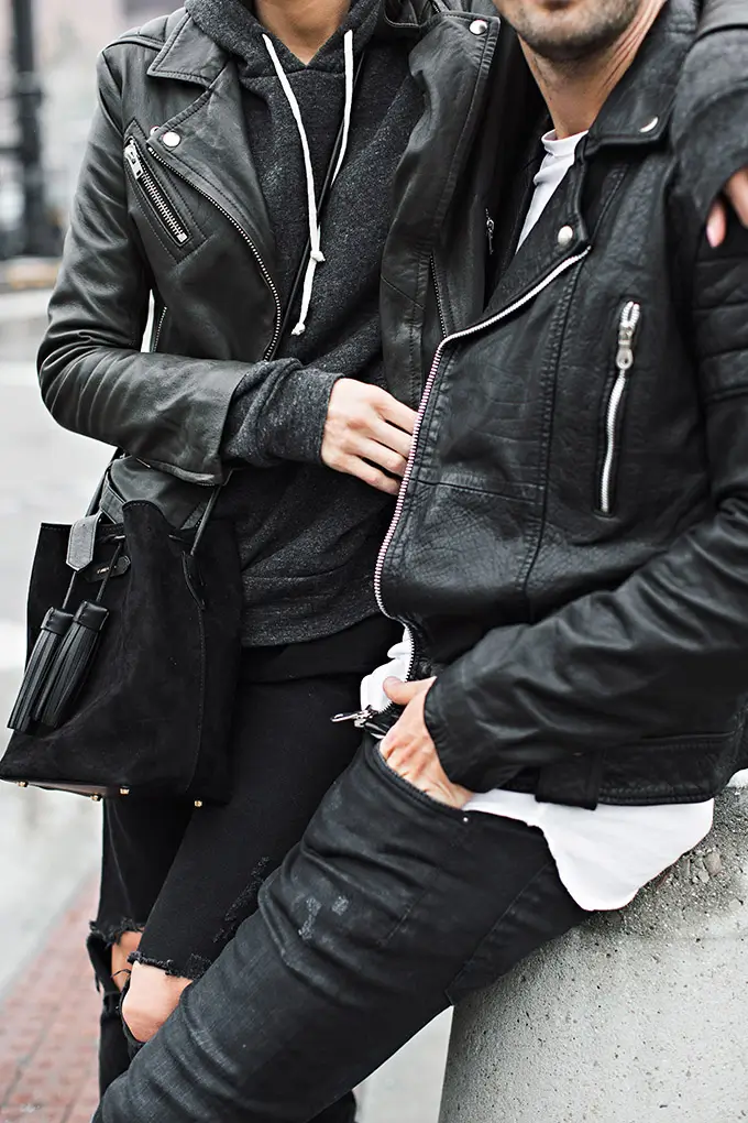 Biker Couple Letterman Black Zipper Double Bleted Leather Jacket - Image 5