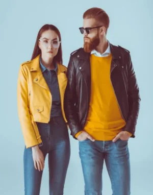 Alternative view of Couple Biker Letterman Black & Yellow Leather Jacket
