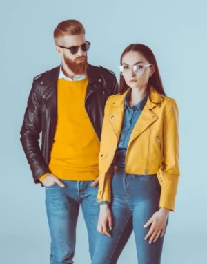 Couple Biker Letterman Black & Yellow Leather Jacket
