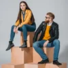 Couple Biker Letterman Black & Yellow Leather Jacket - Image 9
