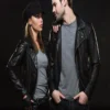Couple Black Biker Letterman Leather Jacket - Image 3