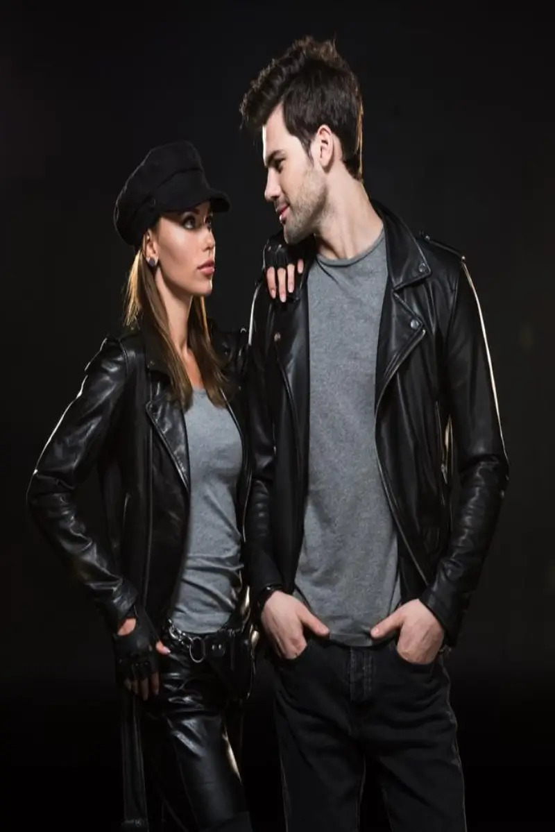 Couple Black Biker Letterman Leather Jacket - Image 3