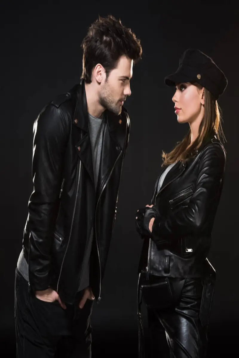 Couple Black Biker Letterman Leather Jacket - Image 4