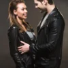 Couple Black Biker Letterman Leather Jacket - Image 2