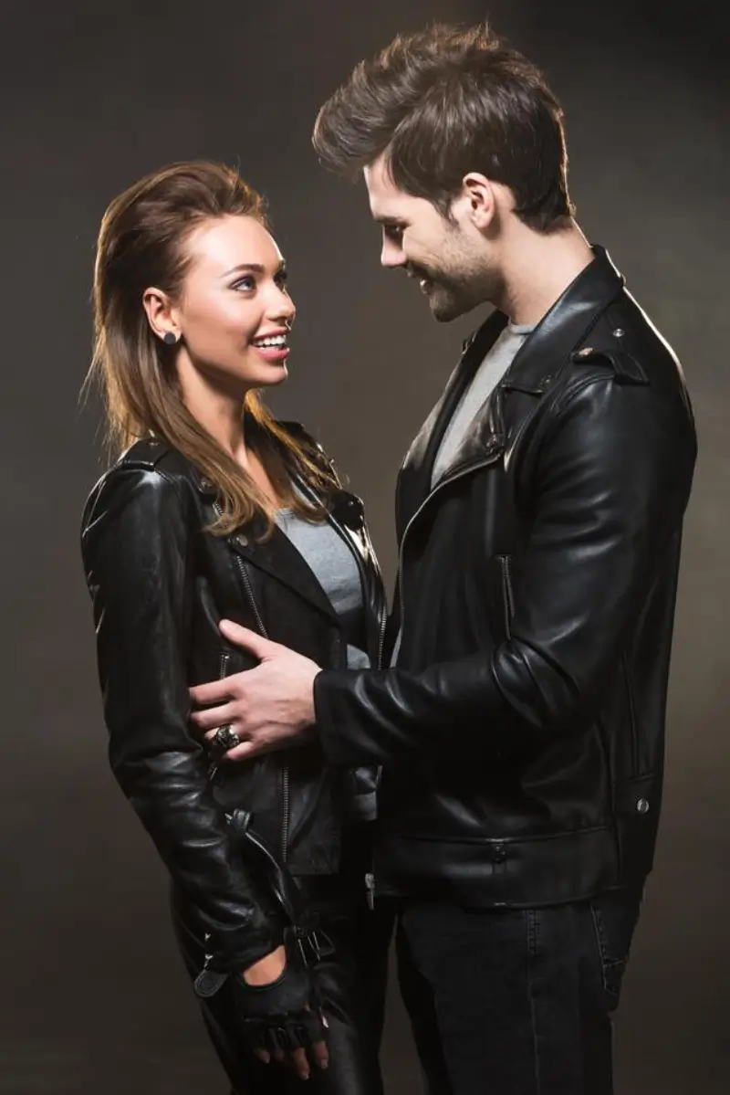 Couple Black Biker Letterman Leather Jacket - Image 2