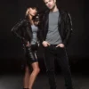 Couple Black Biker Letterman Leather Jacket - Image 8