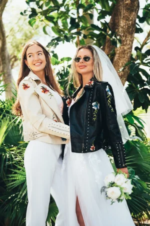 Couple Embroidered Letterman Black & White Leather Jacket