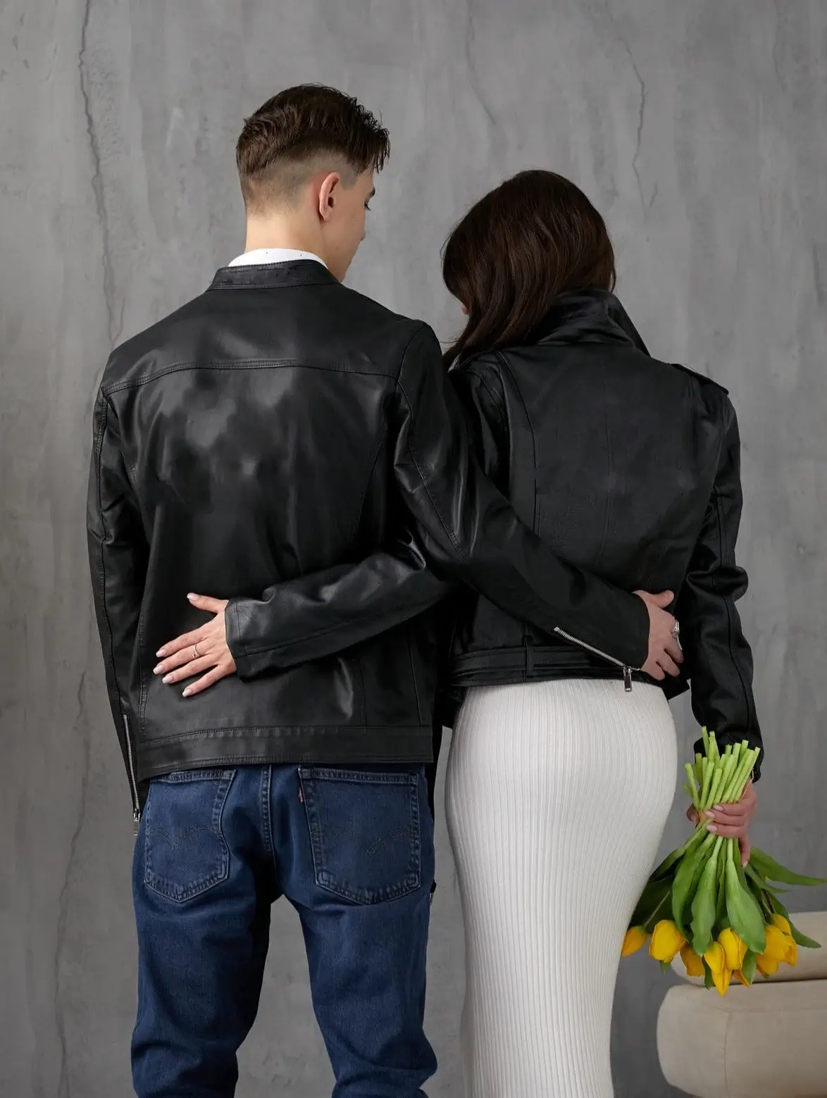 Couple Full Black Letterman Zipper Lapel Collar Leather Jacket - Image 2