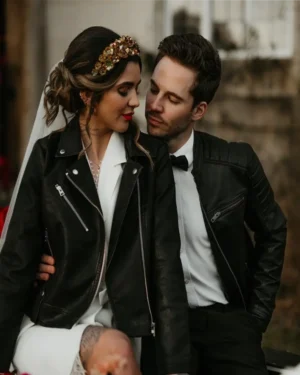Couple Groom Letterman Black Zipper Leather Jacket