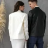 Couple Letterman White & Black Zipper Lapel Collar Leather Jacket - Image 2