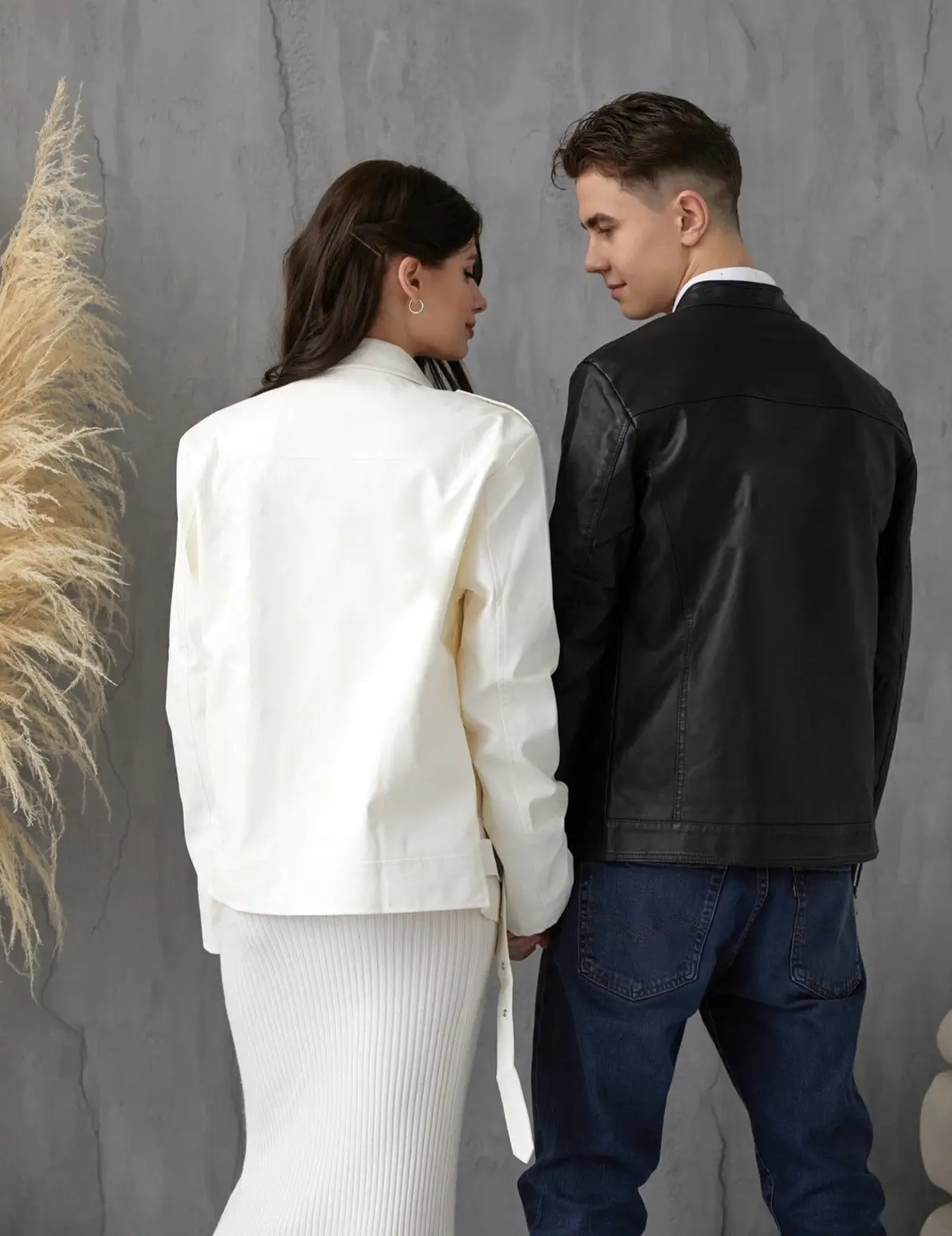 Couple Letterman White & Black Zipper Lapel Collar Leather Jacket - Image 2