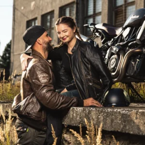 Alternative view of Couple W-TEC Letterman Bomber Leather Jacket