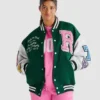 Barbie X Roots Letterman Green/White Wool & Leather Varsity Jacket