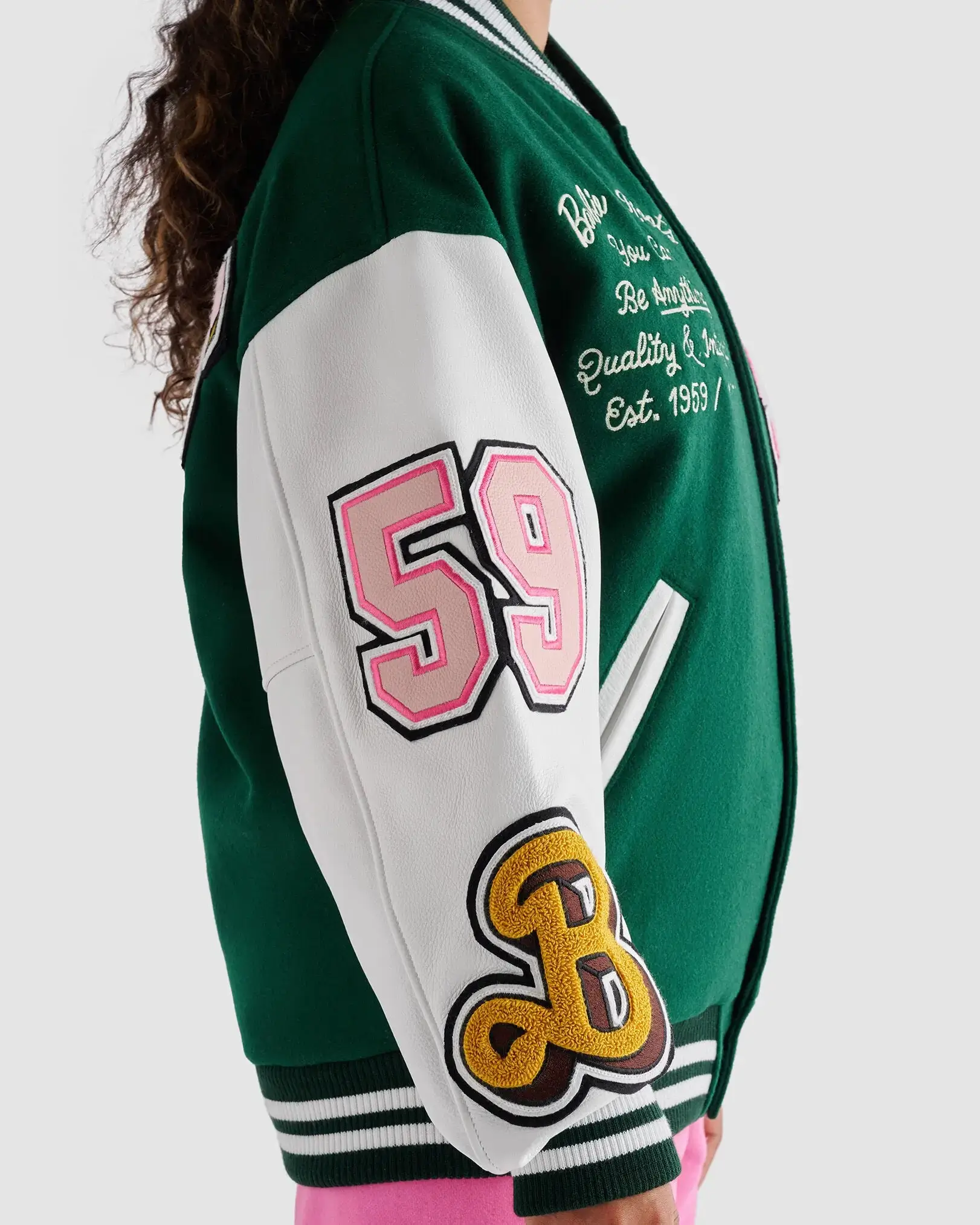 Barbie X Roots Letterman Green/White Wool & Leather Varsity Jacket - Image 3