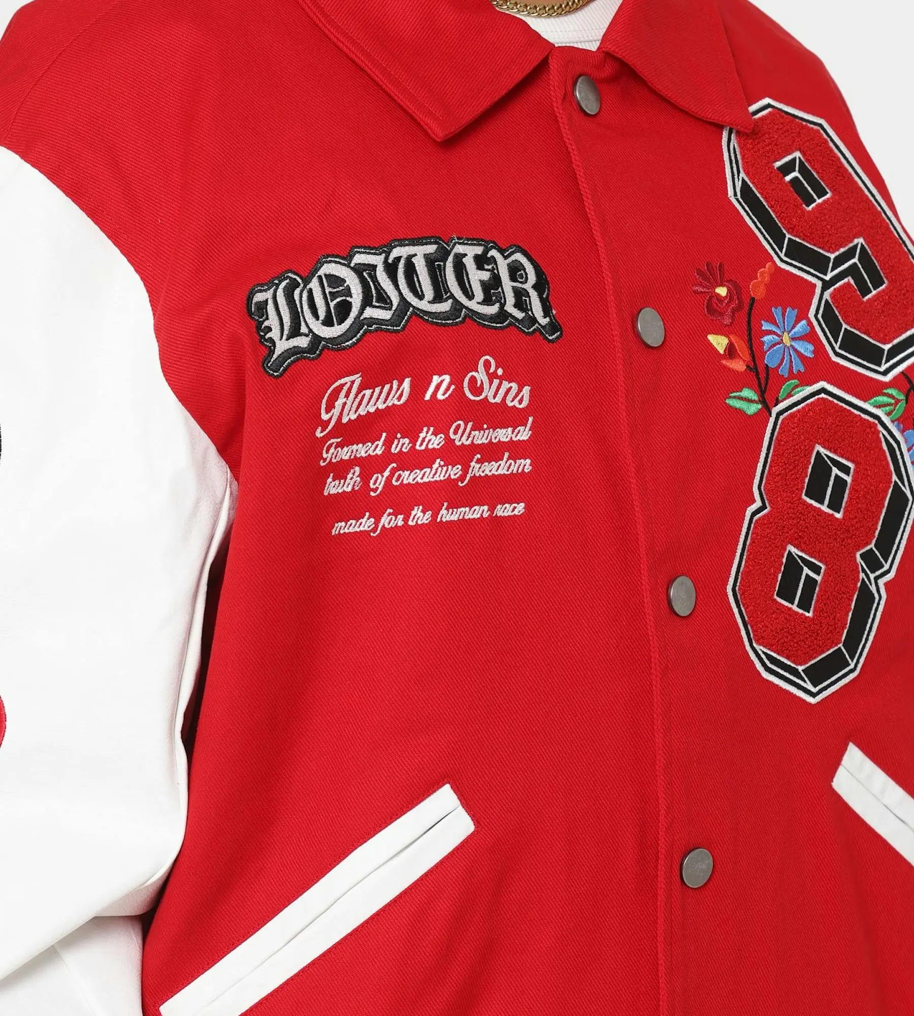 loiter Flaws Varsity Letterman Jacket Red & White - Image 4