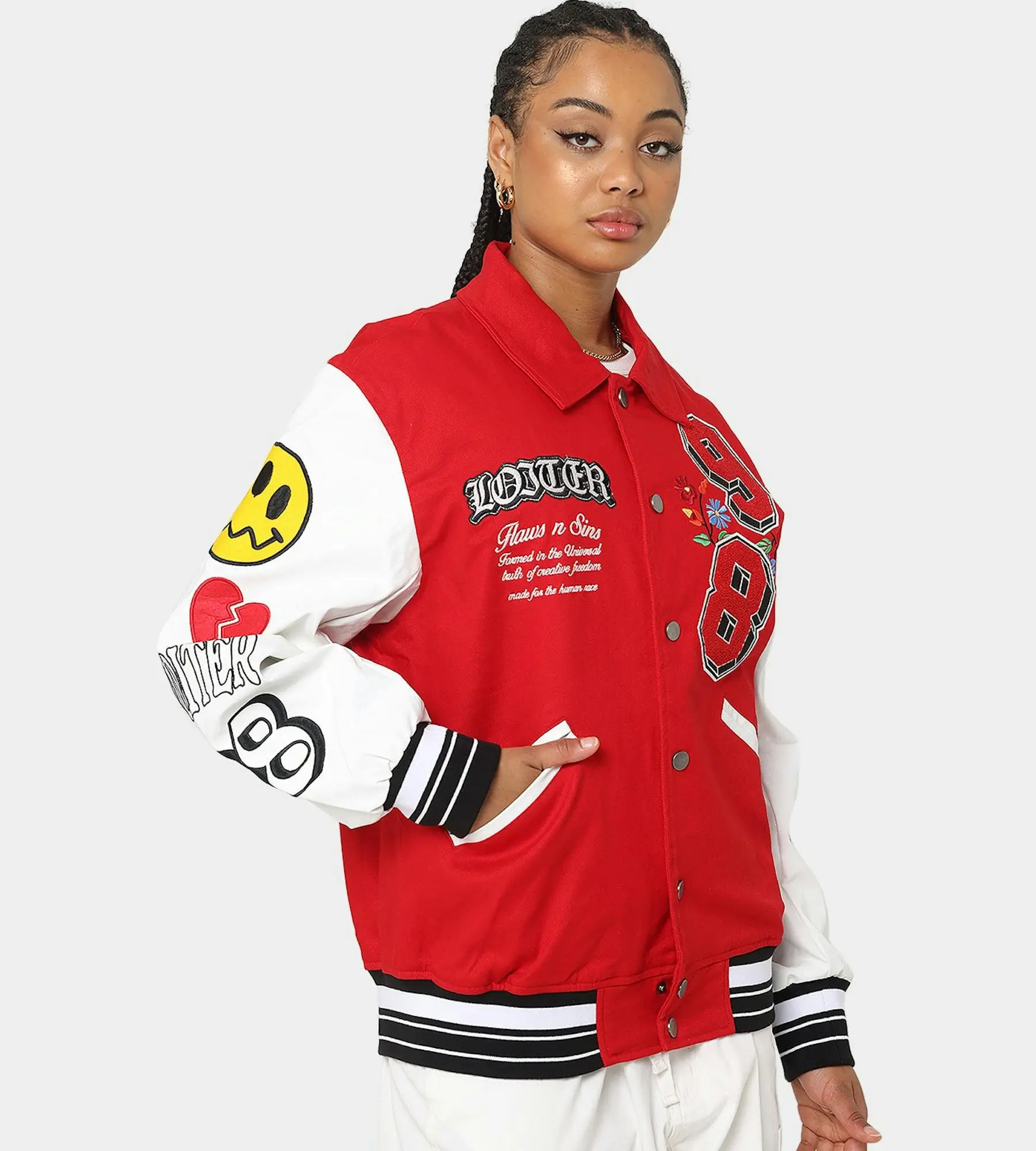 loiter Flaws Varsity Letterman Jacket Red & White - Image 6