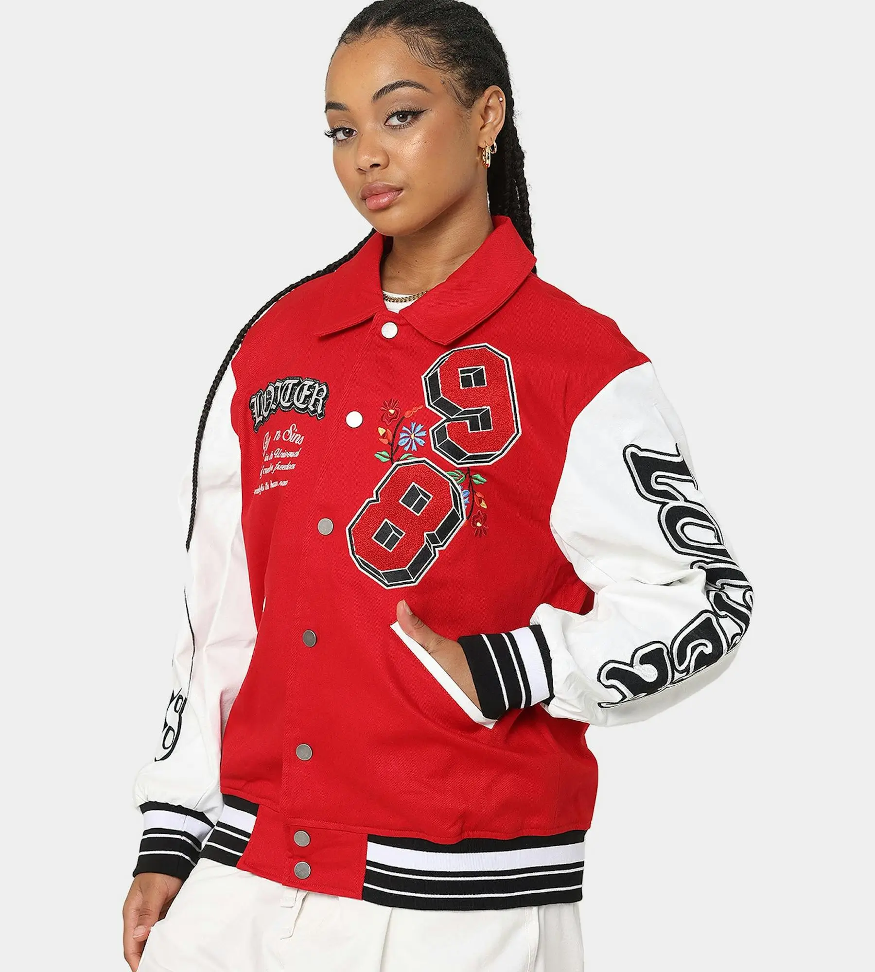 loiter Flaws Varsity Letterman Jacket Red & White - Image 7