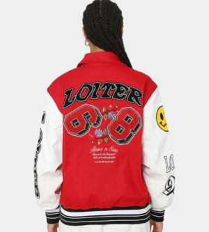 Alternative view of loiter Flaws Varsity Letterman Jacket Red & White