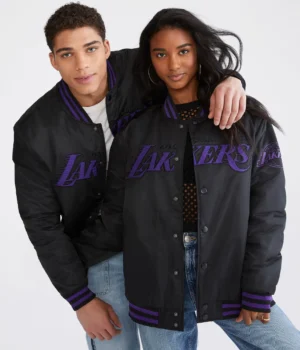 Los Angeles Lakers Letterman Bomber Black Polyester Varsity Jacket
