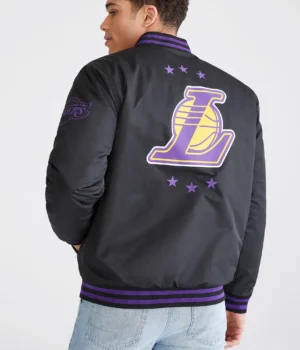 Alternative view of Los Angeles Lakers Letterman Bomber Black Polyester Varsity Jacket