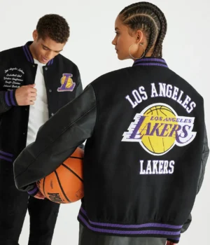 Los Angeles Lakers Letterman Couple Black Satin Varsity Jacket