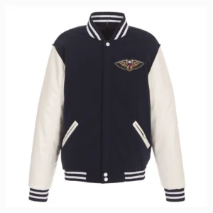 New Orleans Pelicans Two Tone Wool & Leather Jacket Front Patches Logo