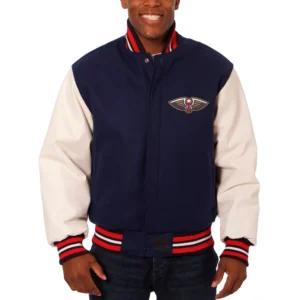 New Orleans Pelicans Two Tone Wool & Leather Varsity Jacket Navy & White