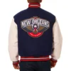 New Orleans Pelicans Two Tone Wool & Leather Varsity Jacket Navy & White - Image 2